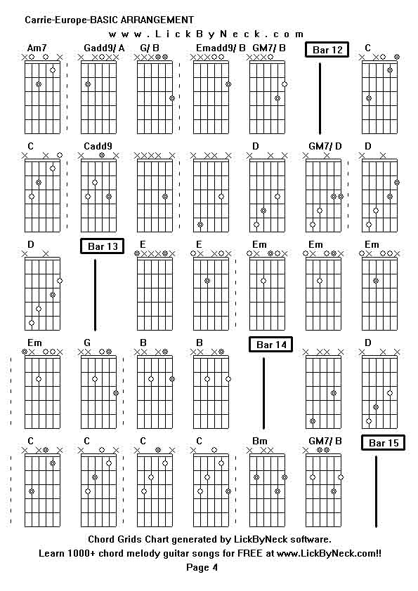 Chord Grids Chart of chord melody fingerstyle guitar song-Carrie-Europe-BASIC ARRANGEMENT,generated by LickByNeck software.